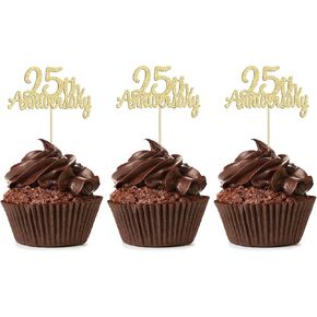 Gyufise 24pcs الذكرى الخامسة والعشرين كب كيك أدوات القبعات - هتافات بريق الذهب إلى 25 عامًا لوازم حفلات الزفاف وعيد الميلاد