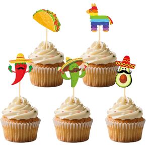 30Pcs Mexican Fiesta Cupcake Toppers Cinco De Mayo Cake Toppers Donkey Taco Pepper Chili Mustache Cupcake Topper Decorations for Mexican Party Cupcake Topper Supplies Fiesta Baby Shower Decorations