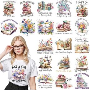 Book Lover Transfer Stickers - 20 Sheets Flower Iron on Transfers Heat Ready to Press Patches for T-Shirts Women Clothing Decals DIY Crafts Clothes Hat Pillow Backbpack Decorations Appliques