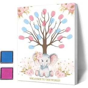 Gender Reveal Party Fingerprint Tree, Pink Elephant Theme Canvas Baby Shower Thumbprint and The Alternative to a Baby Shower Guest Book, Woodland Baby Shower Guest Book Alternative with Ink Pad