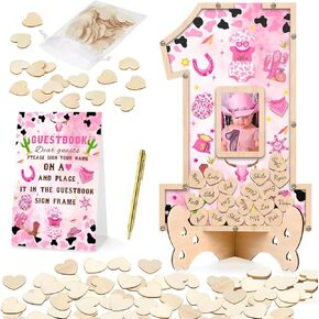 65 PCS Cowgirl Baby Shower Book Set Petcit ، أول علامة استحمام عيد ميلاد Rodeo في دفتر الضيوف ، 60 PCS Heart Wood Baby Shower Frame for 1st Rodeo Cowgirl عيد ميلاد