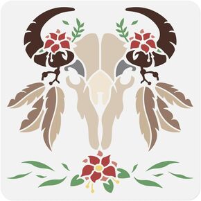 Feathered Cow Skull Craft Stencil for Drawing 11.8 x 11.8 Inch Reusable Plastic Bull Skull Stencil for Painting on Wood Wall Fabric, DIY Home Decor Stencil in Kuwait