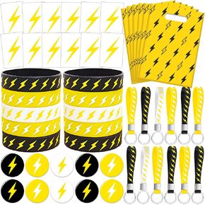 60 PCS Lightning Bolt Party تفضل الوشم المؤقتة ، أساور السيليكون ، الشارات ، سلاسل المفاتيح ، حقائب جيدة لزخارف عيد ميلاد البرق الصاعقة ، الهدايا للأطفال
