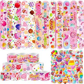 74 PCS Candyland Party Favors 50pcs Candyland ملصقات 24pcs حلوى الحلوى Slap Slap Bracelets Candyland Party Decorations Colorful Lollipop Candy عيد ميلاد للمكافآت المدرسية جوائز عيد الميلاد