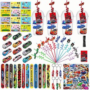 128 PCS Race Car Party Party Favors ، Drace Car Birthday Party Decoration ، Christmas Race Car Party Decoration ، بما في ذلك Cup Straw Bucle Bracelet Mini Car Stickers لتوصيلات المفاتيح للهدايا الجديدة للهدايا الجديدة