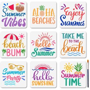Mayjoydiy 9pcs شعار الصيف Stencil مجموعة قابلة لإعادة الاستخدام Hello Sunshine Stencils للطلاء 5.9 × 5.9 بوصة شاطئية الحفلات الفنية مع فرشاة الطلاء لنافذ الخشب جدار هدية المنزل
