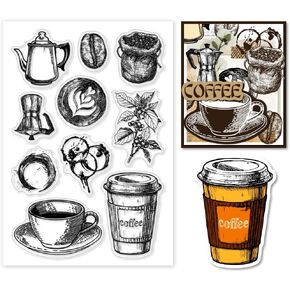 PandaHall Coffee Clear Stamps - Silicone Transparent Rubber Stamps for Scrapbooking, DIY Scrapbook Photo Album Decoration Cards Making - 11x16cm/4.3x6.3Inches