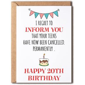 Funny 20Th Birthday Card - 20Th Birthday Card - For Son Daughter Sister Brother Nephew Niece Grandson, 5 x 7 inches