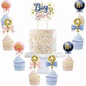 41 Piece Gender Reveal Cupcake Toppers - Boy or Girl Cake Toppers in Navy and Blush - Party Decorations