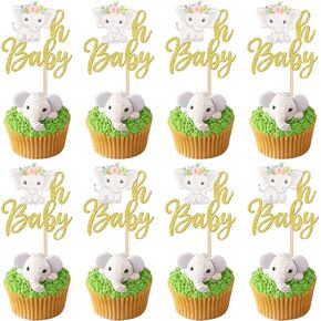 30 pcs Elephant Oh Baby Cupcake Topcake Glitter إنه كب كيك يختار ديكورات استحمام الطفل الفيل للجنسين للكشف