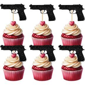 Gun Cupcake Topper for Military Army Theme Party Favors Decorations Men Women Kids Happy Birthday Baby Shower Party Decor Supplies set 18pcs Black Glitter Silhouette