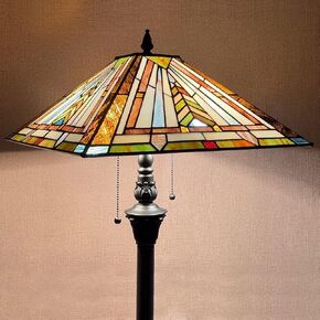 Tiffany Floor Lamp for Living Room 2 Lights Mission Style Stained Glass Reading Floor Light Antique Standing Tall Lamp for Bedroom Office