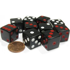 Koplow Games Set of 10 D6 16mm Dice, Inversed Pips- 5 Black w Red Pip and 5 Black w White Pip