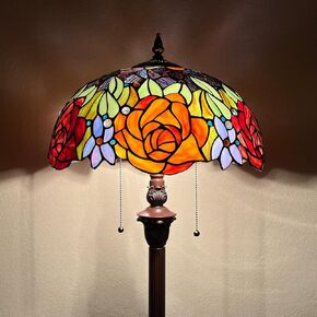 Capulina Tiffany Floor Lamp 2-Light 16 Inches Wide Red Yellow Rose Style Stained Glass Standing Reading Floor Light for Living Room Bedroom Home Office