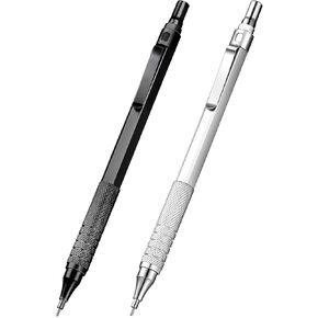 2 Pack Metal Mechanical Pencils 0.5mm لصياغة ، رسم ، الهندسة ، الفن ، الهندسة المعمارية ، برميل مسدس ، قبضة معدنية ، قابلة لإعادة التعبئة ، تصميم مريح للطلاب والمهنيين ، الفضة ، الأسود