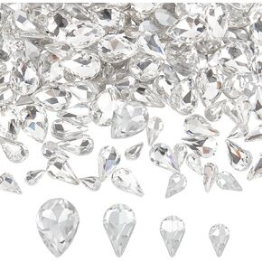 FINGERINSPIRE 220 Pcs Mini Teardrop Glass Rhinestones 4Sizes Faceted Pointed Back Rhinestone No Hole Clear Glass Rhinestones Small Gems Crystal Jewelry Embellishments with Silver Plated Back for DIY