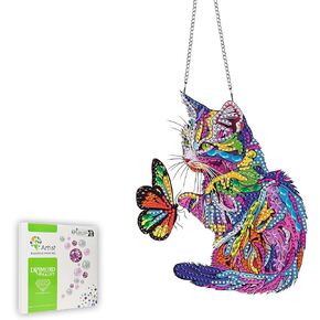 مجموعات الطلاء Ginfonr Diamond قلادة معلقة ، Cat Sun Catcher لعلامة الباب الأمامي ، فنون الفراشة الماس على شكل خاص ، ديكور الشرفة الصيفية لنافذة جدار الحديقة في الهواء الطلق (8 × 8 بوصات)