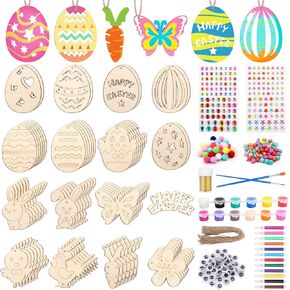 Sublaga 301 PCS عيد الفصح الحلي الخشبية الحلي غير المكتملة شرائح خشبية غير مكتملة البيض الحرف عيد الفصح للأطفال DIY ديكورات عيد الفصح ديكور الحفلات (301)