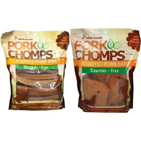 Scott Pet Pork Chomps Roasted Pork Skin Dog Chews, Ear and Rib Shapes Bundle (20 Count)