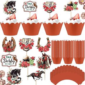 Kosiz 100 PCS Horse Derby Cupcake Topcake Derby Party Decorations Horse Racing Cupcake Writpers and Treats Picks for Fearverian Birthday Decoration Supplies