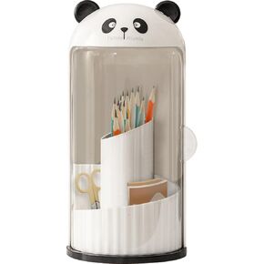 Rotating Makeup Brush Holder with Compartments Panda Brush Storage Bucket Side Opening Cosmetic Display Case with Lid Large Capacity Desktop Pen Organizer