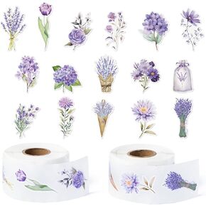 CNhoqc 1000pcs Lavender Sticker Rolls (2 Rolls), 16 Designs Spring Watercolor Purple Flower Decorative Decals for Kids Cartoon Lavender Self-Adhesive Sticker for Waterbottle Scrapbook Gift Wrap Decor