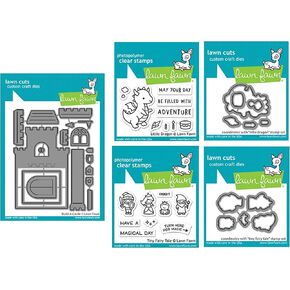 Lawn Fawn Build a Castle Interactive Die with Little Dragon 2"x3" Stamps and Dies and Tiny Fairy Tale 2"x3" Stamps and Dies, 5 Item Bundle (LF2347, LF2323, LF2324, LF2325, LF2326)