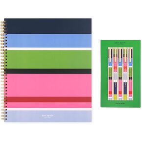 kate spade new york Large 11" x 9.5" Notebook with 160 Lined Pages Bundle with Fine Point Pen Set of 5 (Sunny Day Stripe)