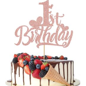 الكعكة الأولى عيد ميلاد - زخرفة عيد ميلاد سعيد 1st ، حفل الذكرى/الصبي أو الفتاة لوازم الحفلات سنة واحدة (روز الذهب بريق)