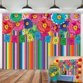 XCKALI Mexican Theme Backdrop Colorful Paper Flower Fiesta Party Decoration Colorful Stripe Carnival Festival Backdrops for Artistic Portrait Photo Shoot Studio Props 7x5FT