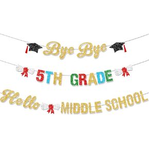 زخارف التخرج من الصف الخامس لافتة بريق Gold Multicolor Bye Bye 5th Hello Hello School School Banner الابتدائية زخارف التخرج من الدرجة الخامسة 2025 NO-DIY