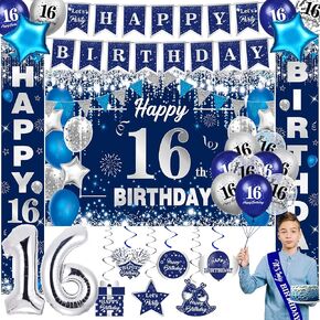 16th Birthday Decorations for Boys Girls, 37PCS Navy Blue Silver 16th Birthday Party Supplies Blue Happy 16th Birthday Banner Balloons 16 Foil Balloons Hanging Swirls Birthday Sash for 16th Birthday