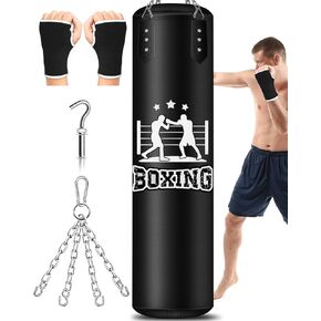 Filled Punching Bag for Adults, 4FT PU Leather Hanging Boxing Bag with 11lb Sponge Filler & 12OZ Boxing Gloves, Heavy Kicking Bag Boxing Equipment for MMA Training Karate Kickboxing