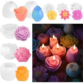 8 Pcs Flower Silicone Candle Molds, 3D Lotus, Rose, Peony, Daisy Shape Wax Molds for Candle Making, Silicone Molds for Resin Craft, Valentine, Mother's Day, Wedding, Anniversary