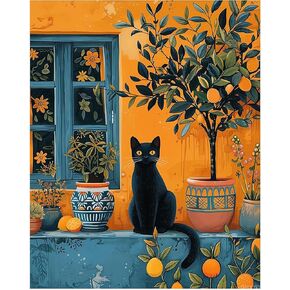 Qaceyid Black Cat مع طلاء شجرة الليمون بأرقام للمبتدئين للبالغين ، يجلس Cat على طلاء النافذة بالرقم على القماش ، هدية ديكور الجدار المنزلي ، 16 × 20 بوصة