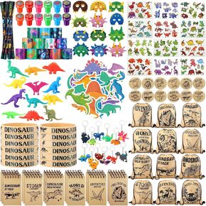 139 Pcs Dinosaur Party Favors Include Dinosaur Party Favors Bags Silicone Wristbands Dino Figure Masks Badges Notebooks Keychains Bracelets Pencils Tattoos Toys Stampers Dino Stickers