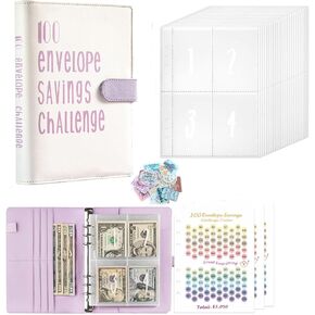 100 Envelopes Money Saving Challenges, A5 Savings Challenges Binder to Save $5050 with Laminated Easy Cash Tracker Envelopes, PU Leather Money Saving Budget Planner Book (Pink)