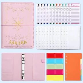 A6 PU BIDENT BINDER مع Zipper Occase A6 Binder Scrapbook Money Organizer for Cash Money Saving Binder مع 8 مظاريف نقدية للميزانية 12 ورقة الميزانية ، 60 ملصقات ملصقات ، Card Captor Sakura