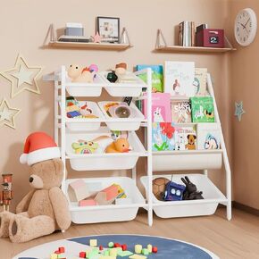 Kids Bookshelf and Toy Organizer, 4-Tier Toy Storage with 7 Removable Plastic Bins, Montessori Bookshelf Storage for Kids & Toddlers, Nursery Book Shelves for Playroom, Bedroom, Kids Room,White