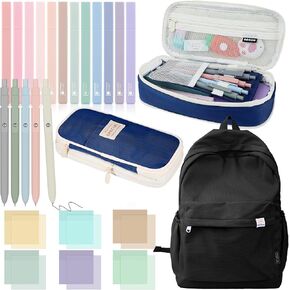 Kisston 25 Pcs Aesthetic School Supplies Include 1 Pastel Backpack 1 Capacity Pen Case 12 Cute Highlighters 5 Retractable Gel Ink Pen 6 Transparent Sticky Notes for Girls Boys (Dark Blue, Black)