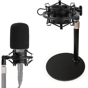 AT2020 Desktop Mic Stand, Adjustable Height Table Mic Stand with Shock Mount, Pop Filter Windscreen, 1/4 to 3/8 Metal Adapter, Metal Weighted Base, for AT2020 AT2020USB AT2020USB+ AT2035 Mic by Rigych