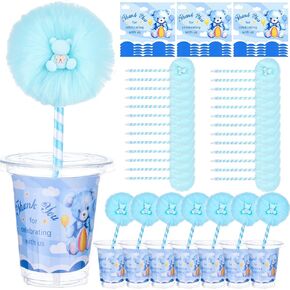 72 PCS استحمام الطفل هدايا للضيف الدب Point Pens Party Party Favors شكرًا لك بطاقات وكؤوس شفافة حبر POM POM PEN للضيوف School School Supplie (Blue)