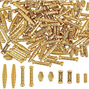 SUNNYCLUE 1 B0X 150Pcs 5 Styles Gold Tube Bead Tibetan Spacer Beads Alloy Metal Hollow Column Barrel Drum Long Hole Spacers Loose Beads for Jewelry Craft Making Necklace Bracelet Earrings Beginners