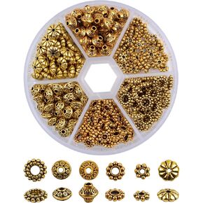 300 Pieces Metal Antique Gold Spacer Beads Bead Cap Ends Tibetan Beads Craft Loose Beads Jewelry Accessories for Jewelry Making, 6 Styles