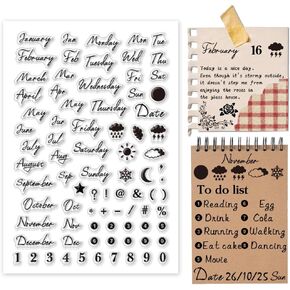 PH PandaHall Handwritten Month Clear Stamp for Card Making, Date Week Weather Silicone Stamp Number Symbol Transparent Rubber Stamp Seal Stamp for Journal, Postcard, Scrapbooking, Gift Tags, 1pc