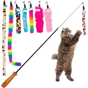 Cat Toys Wand Set Retractable Cat Fishing Pole with 8 Fuzzy Worm Teaser Attachments, Interactive Kitten Toys for Indoor Cats, Durable Wooden Handle, Extendable Cat Teaser Rod for Play and Exercise