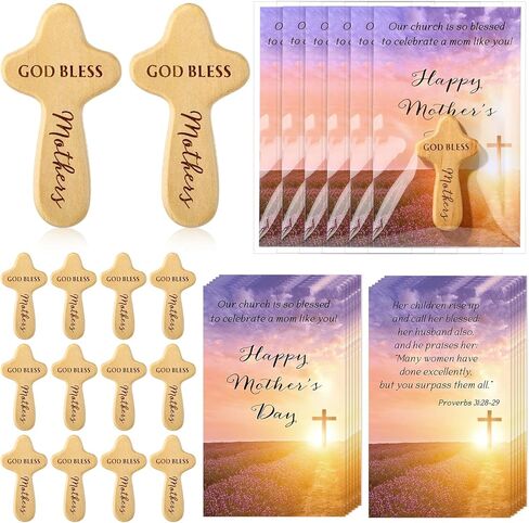 CraftyDream 20 Sets Mother's Day Gifts Christian Wooden Cross for Mom Wood Handheld Pocket Cross with Bible Card and Plastic Bags Christian Gifts for Church Mother Women in Kuwait