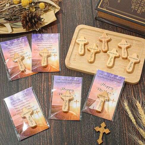 CraftyDream 20 Sets Mother's Day Gifts Christian Wooden Cross for Mom Wood Handheld Pocket Cross with Bible Card and Plastic Bags Christian Gifts for Church Mother Women in Kuwait