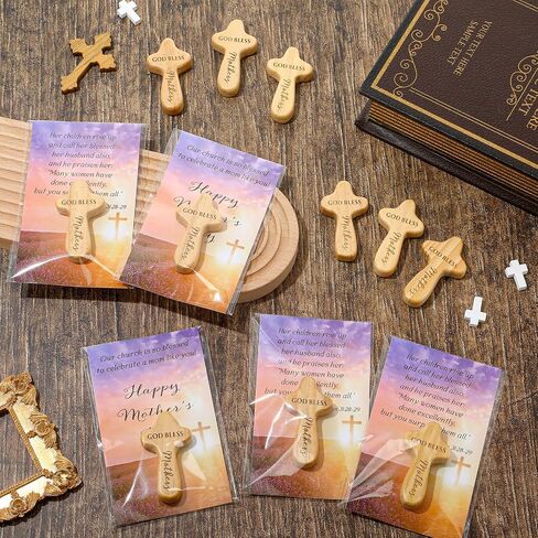 CraftyDream 20 Sets Mother's Day Gifts Christian Wooden Cross for Mom Wood Handheld Pocket Cross with Bible Card and Plastic Bags Christian Gifts for Church Mother Women in Kuwait