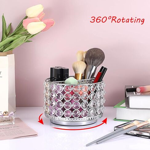 Hipiwe Crystal Vanity Organizer Makeup Brush Holder- 360 Rotating Cosmetic Brushes Display Organizers Spinning Remote Control Holder Bathroom Storage Organizer for Eyebrow Pen Pencil,Silver 4-Slot in Saudi Arabia